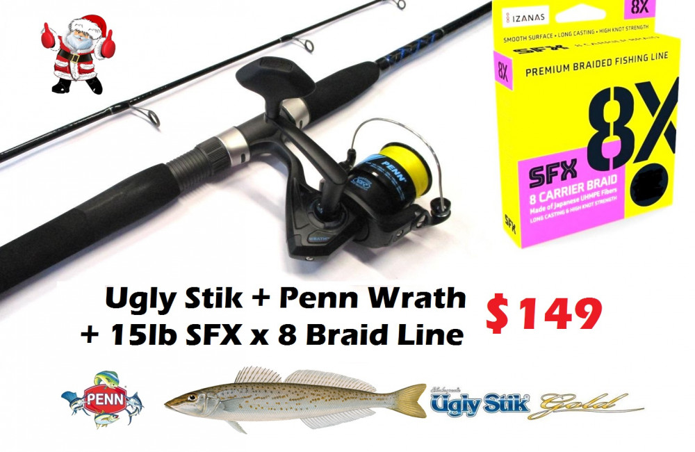 Shakespeare Ugly Stik / Penn Wrath Whiting GP Spin Combo with 15lb x 8  Braid $149 -Ray & Anne's Tackle & Marine site
